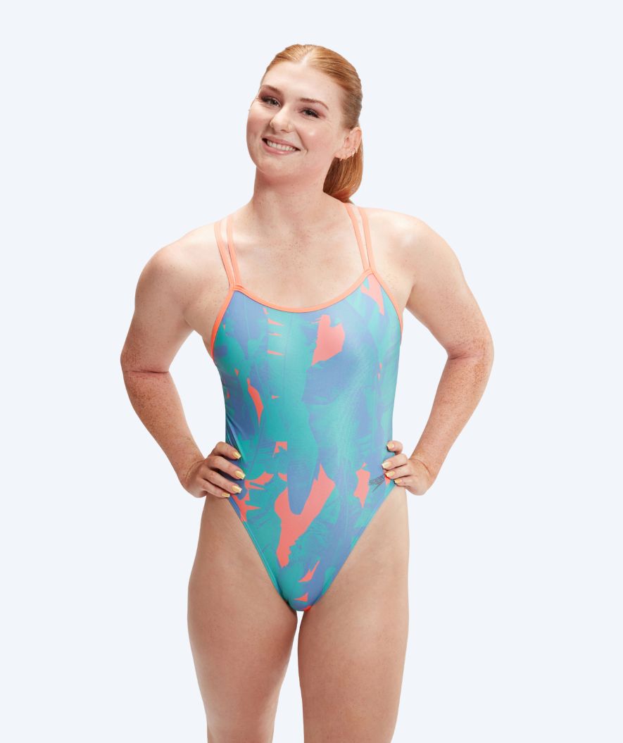 Speedo dames badpak - Allover Digital Starback - Blauw/oranje