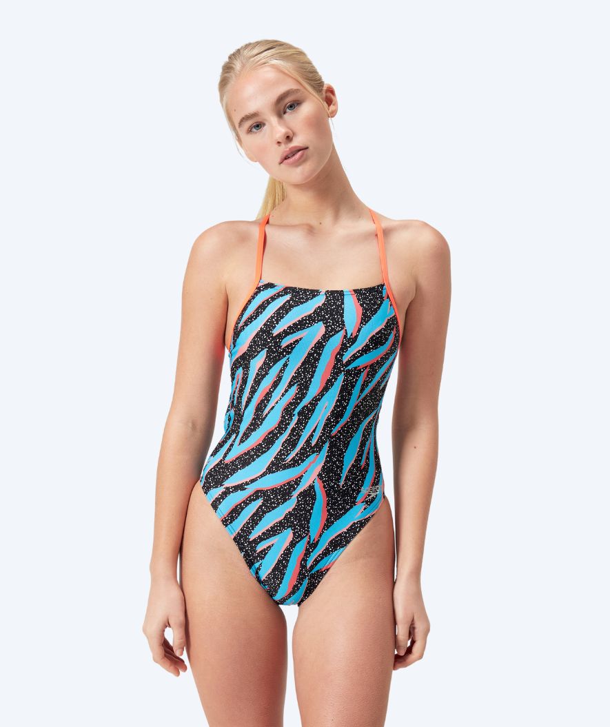 Speedo dames badpak - Allover Digital Lattice Tie Back - Zwart/Blauw/Oranje