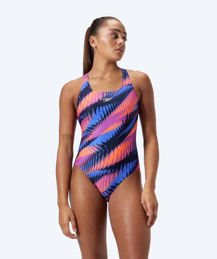 Speedo dames badpak - Allover Digital Powerback - Blauw/oranje
